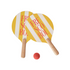 Two yellow and red striped Frescobol beach rackets with wooden handles and a red ball, plus a striped cloth bag, against a white background.
