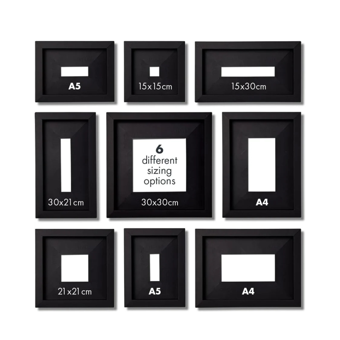 Image displaying all the different sizes of photo frames that can be created using the Customizable Small Frame Kit, from A5 to A4.