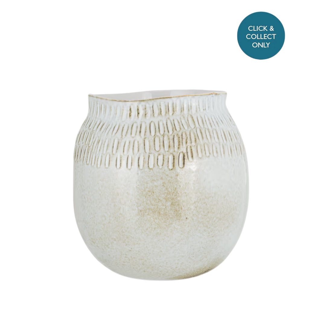 A off white eramic glass vase with a textured pattern, designed for click and collect.