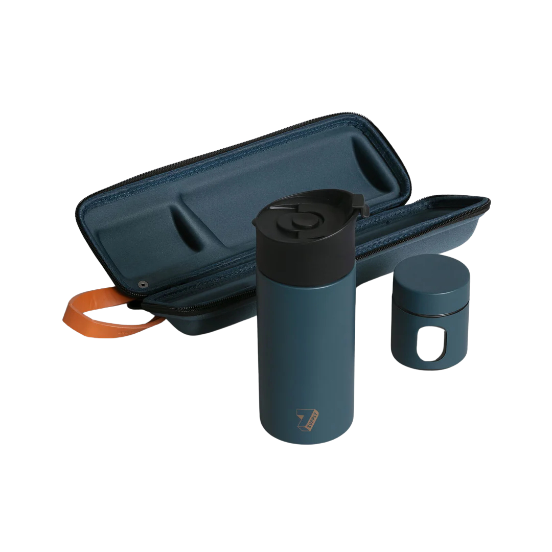 Portable French press coffee set with metal flask, color-coded jar for ground coffee, and matching travel case displayed on a white background.