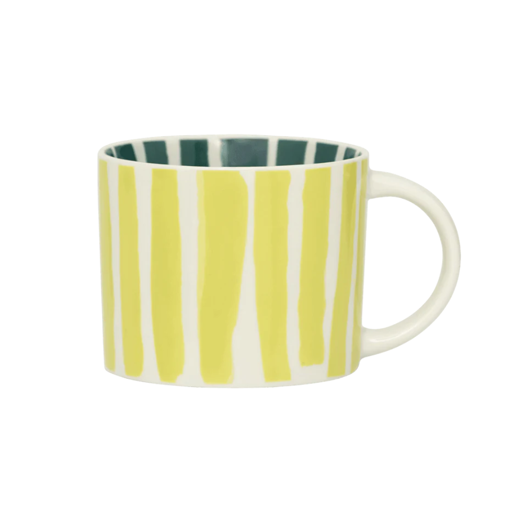Ceramic Mub with warm olive stripes outsdie and deep sea stripes inside