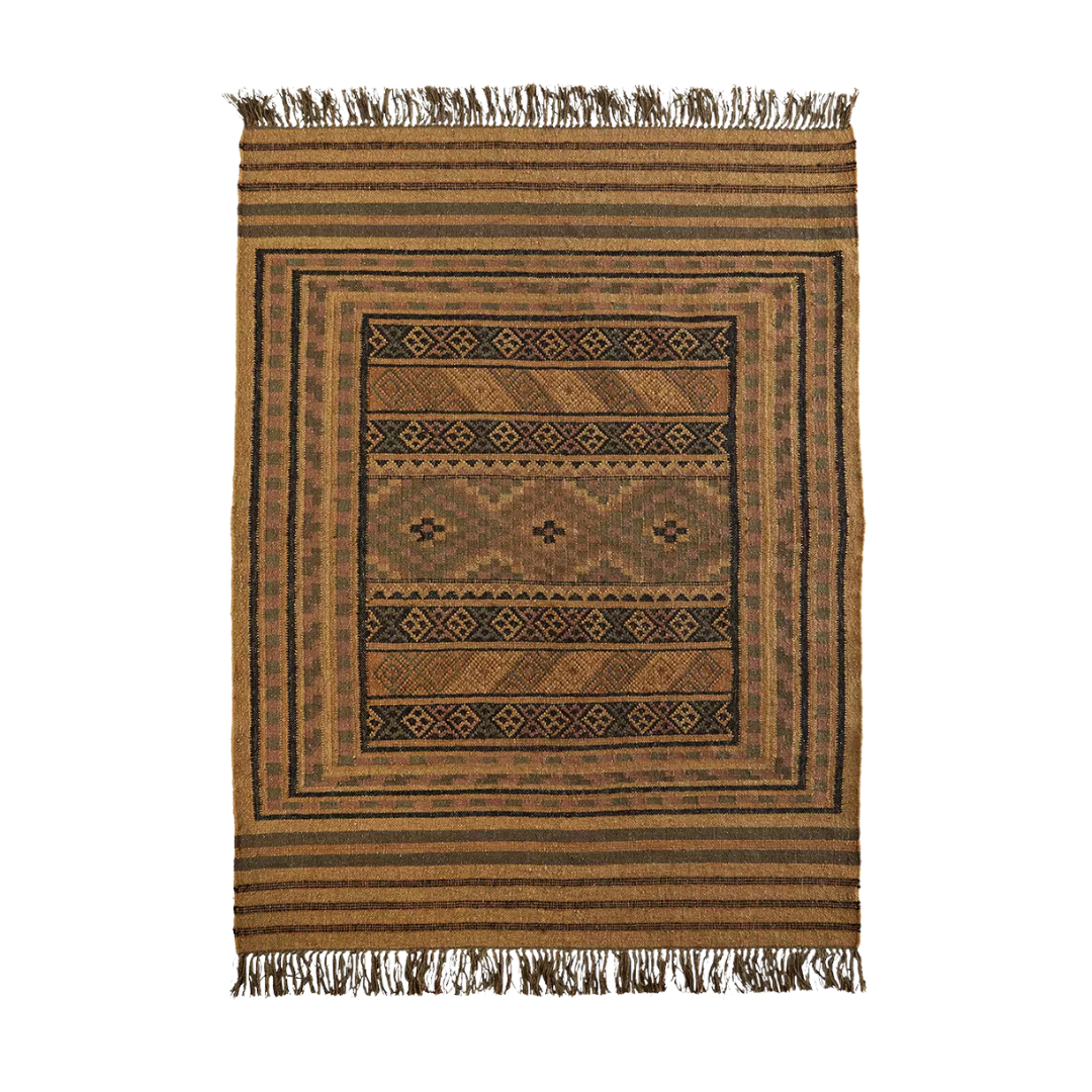 Woven Cotton Kelim Rug - Camel, Black, Olive & Rose