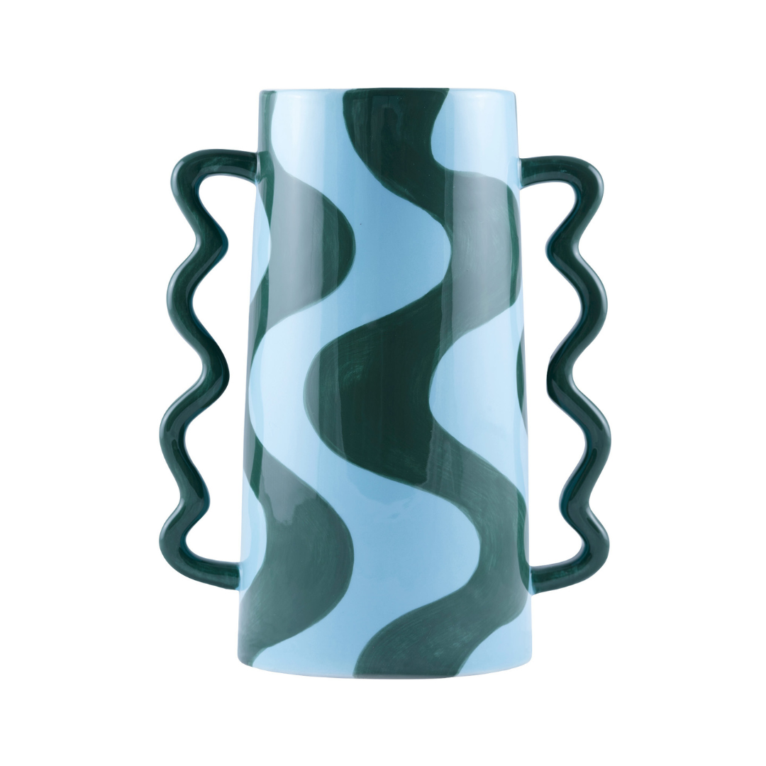 Rodrigo Vase – hand-painted dolomite ceramic vase with green and blue wavy pattern and sculptural wavy handles, 24.5 cm tall