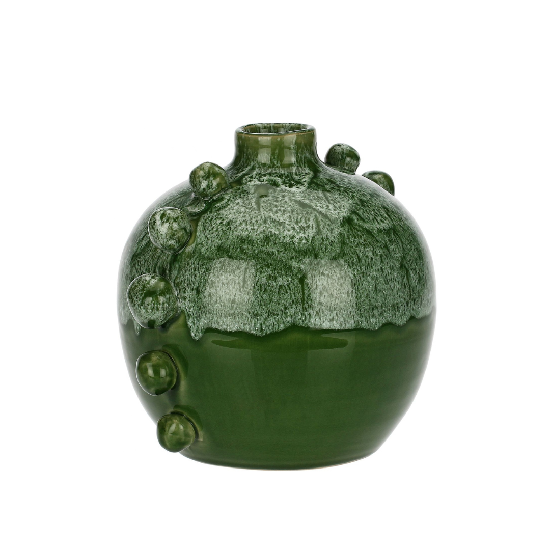 Side view of Reginaldo decorative ceramic vase showing the round shape and artisan detailing on white background