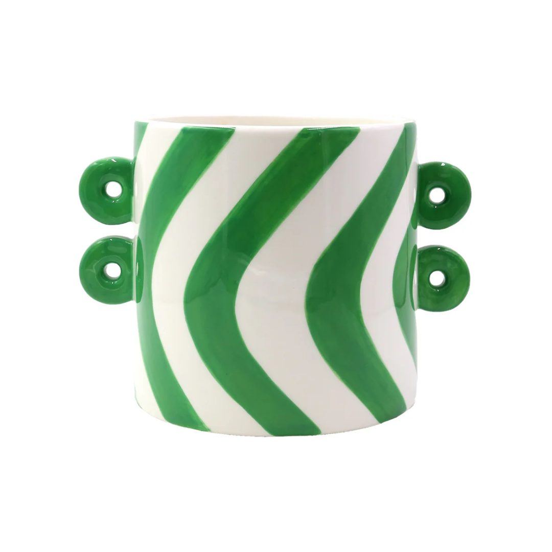White and green strip medium ceramic plant pot