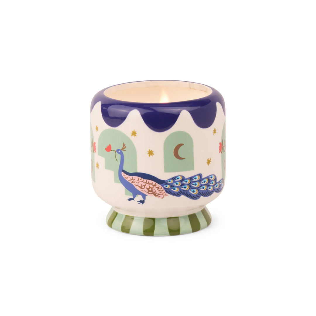 Vegan 8oz soy candle in repurposable ceramic jar with peacock, misted lime scent