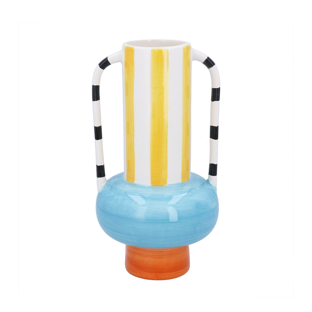 Modernist ceramic vase with yellow stripes, blue round base, and black-and-white curved handles – bold artistic flower vase