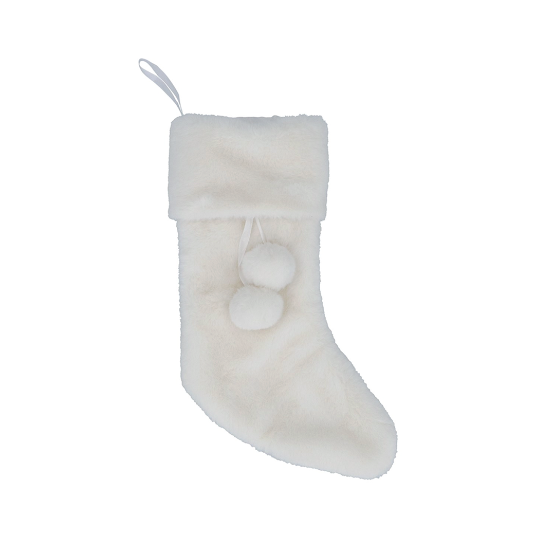 White Faux Fur Christmas Stocking with pom-poms. Soft, cozy, and festive, perfect for holiday décor, mantel displays, or filling with Christmas gifts.