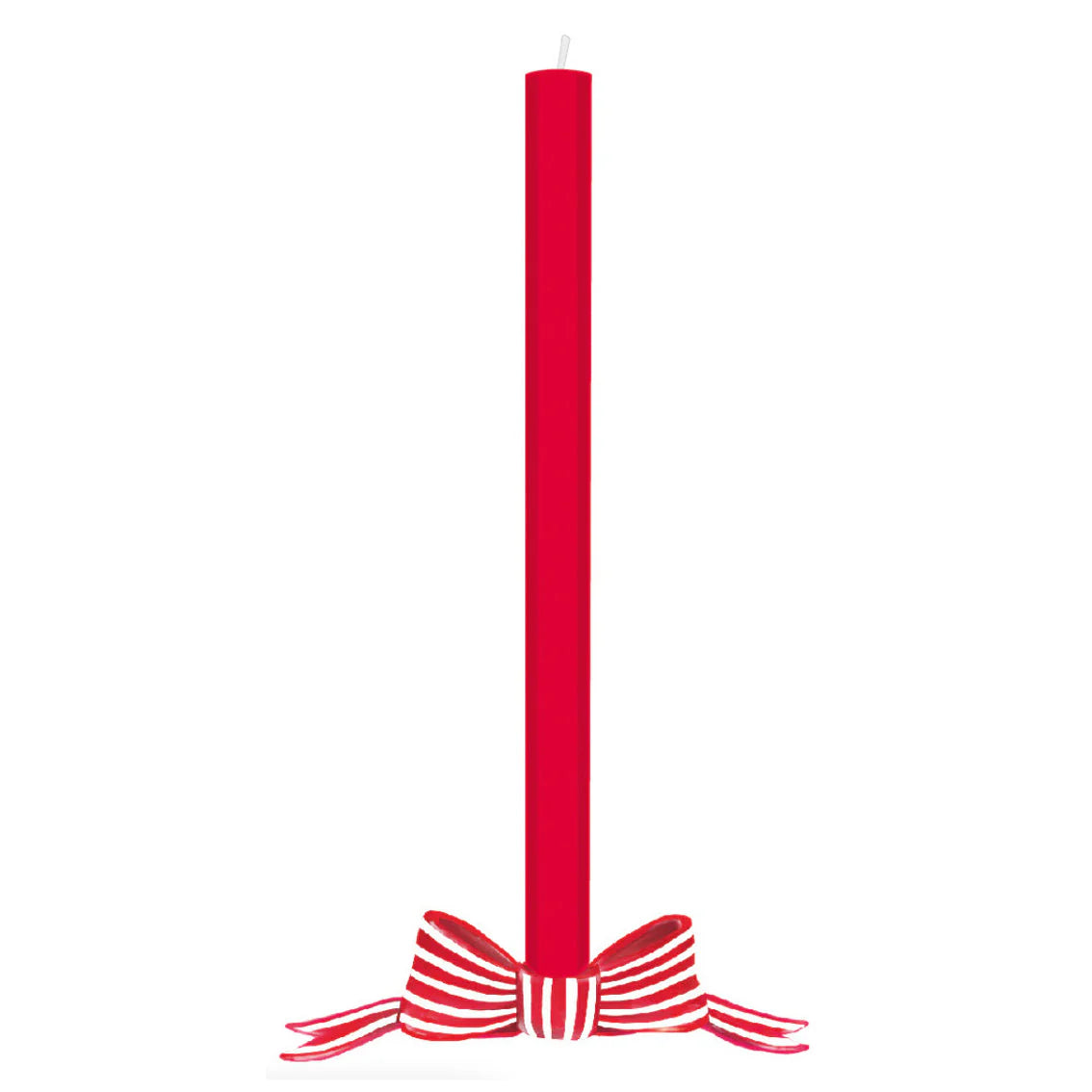 Red candle on a decorative bow candle holder on a white background
