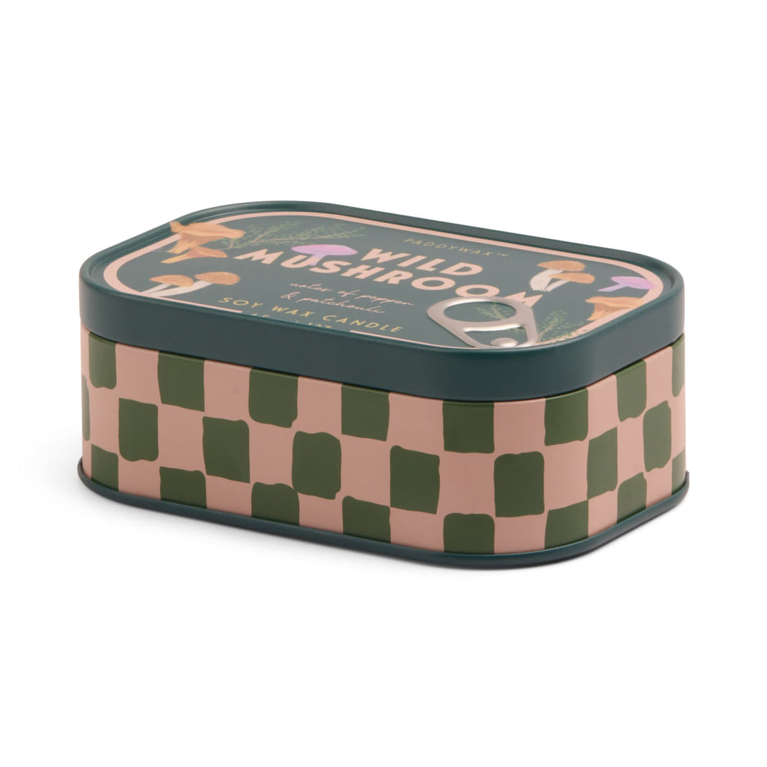 Wild mushroom-scented tin candle featuring illustrated mushrooms on the lid and a green and brown checkered pattern around the sides on a white background