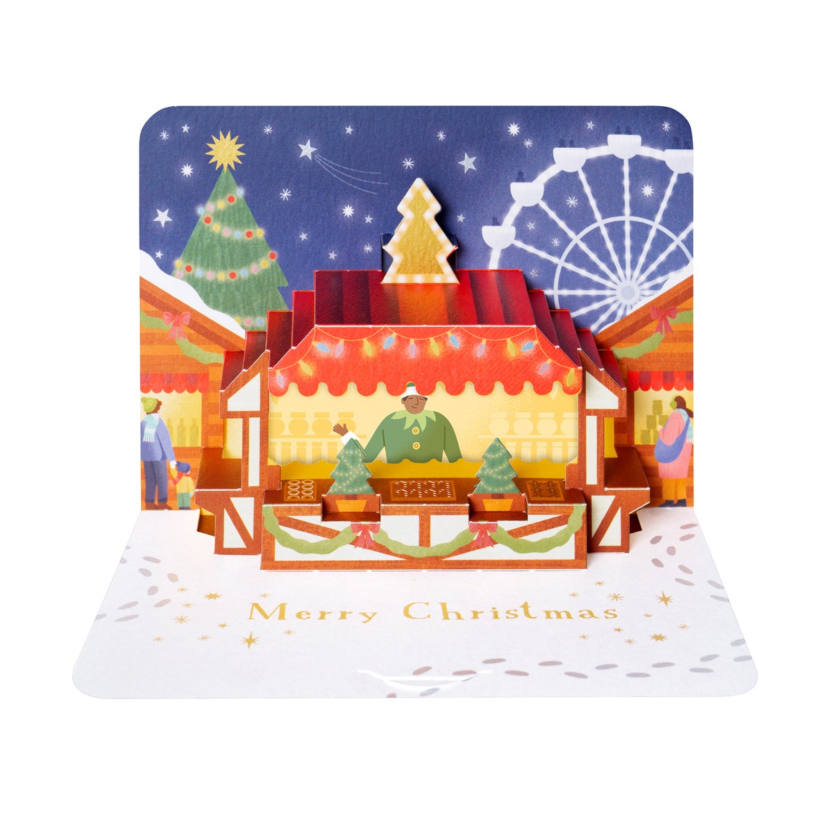 3D Christmas card featuring festive market stall in winter wonderland, die-cut and cold foil finish, 280gsm textured card, white envelope, made in the UK.