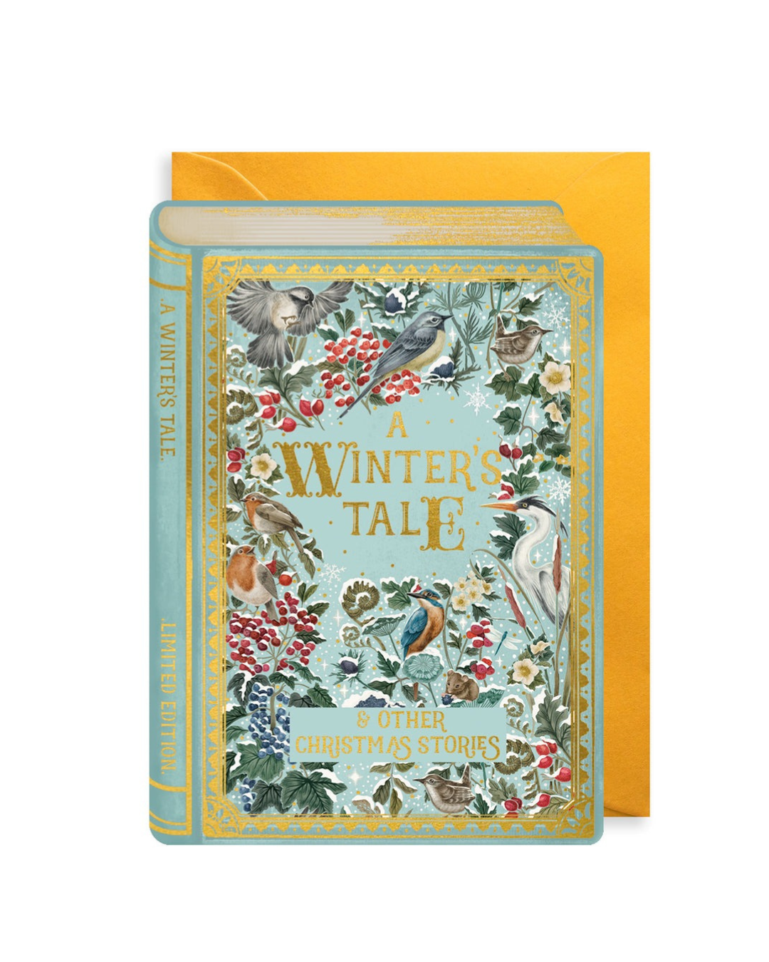 Winter’s Tale Storybook Christmas Card with embossing, die-cut details, and gold foil, 120x170mm, gold envelope, blank inside, sustainably sourced, made in the UK