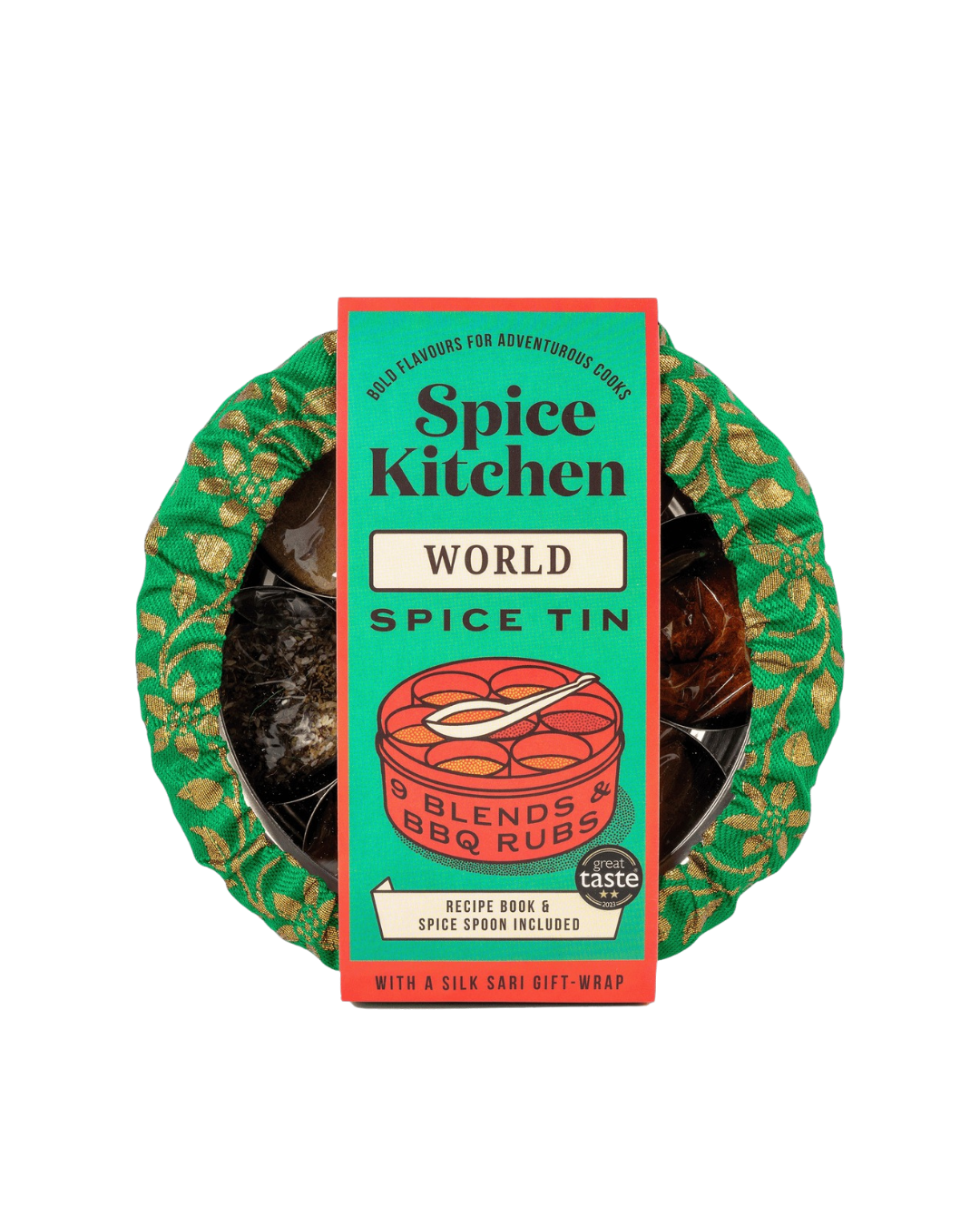 Spice Tin Gift Set with 9 gourmet spice blends, stainless steel tin, recipe book, and optional hand-sewn silk sari wrap – perfect foodie gift for home cooks