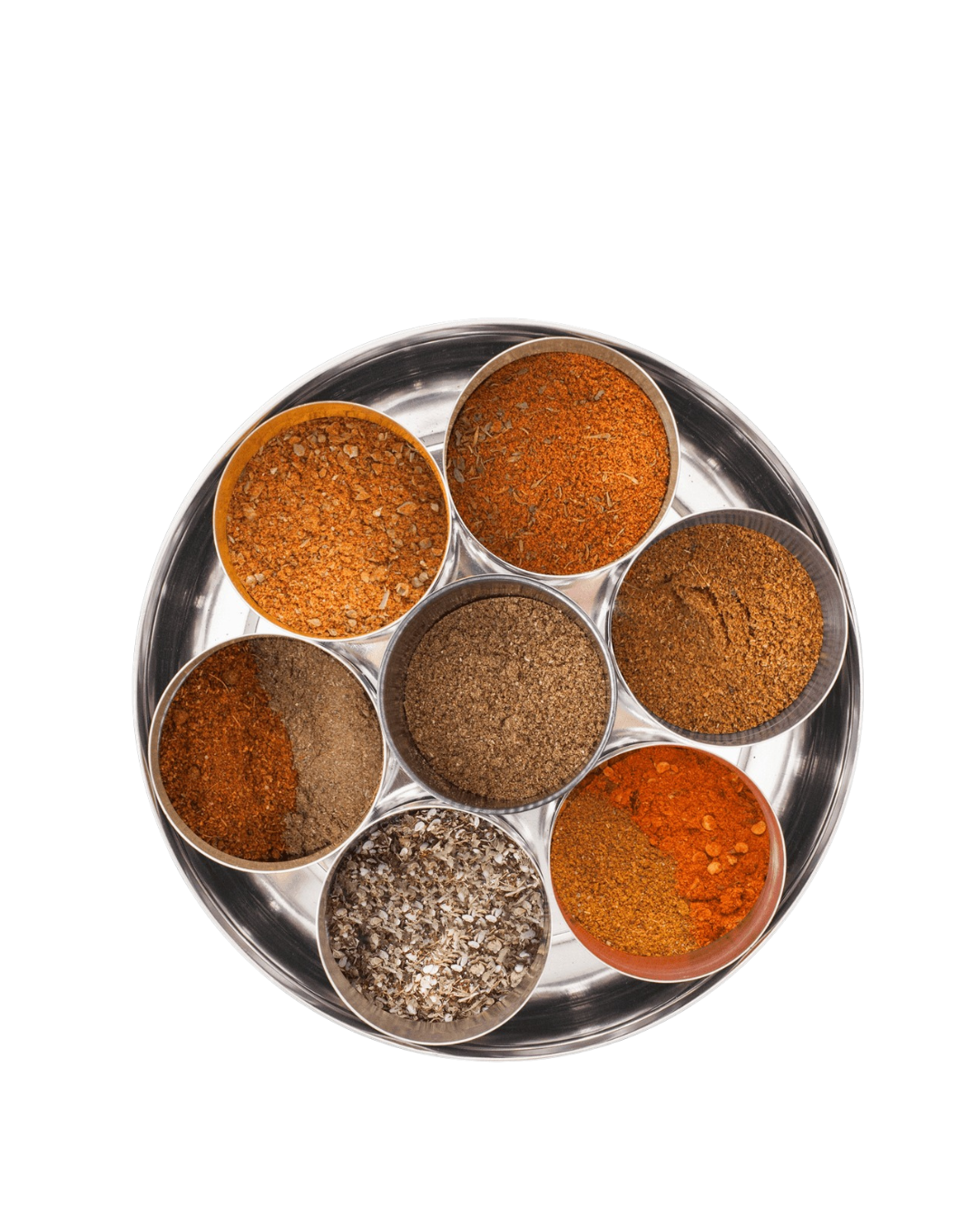 World Spice Tin open showing 9 gourmet spice blends including Garam Masala, Sri Lankan Curry Powder, Harissa, Tex Mex, Jerk, Chinese 7 Spice, Ras El Hanout, Tandoori Masala, and Za’atar.