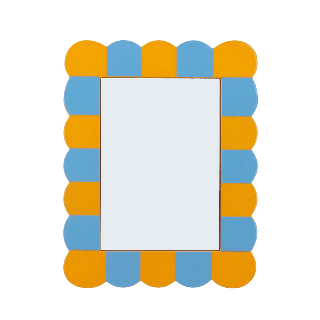 Yellow and blue striped wooden photframe front view displaying a 5x7 photo, perfect for colorful home or office décor