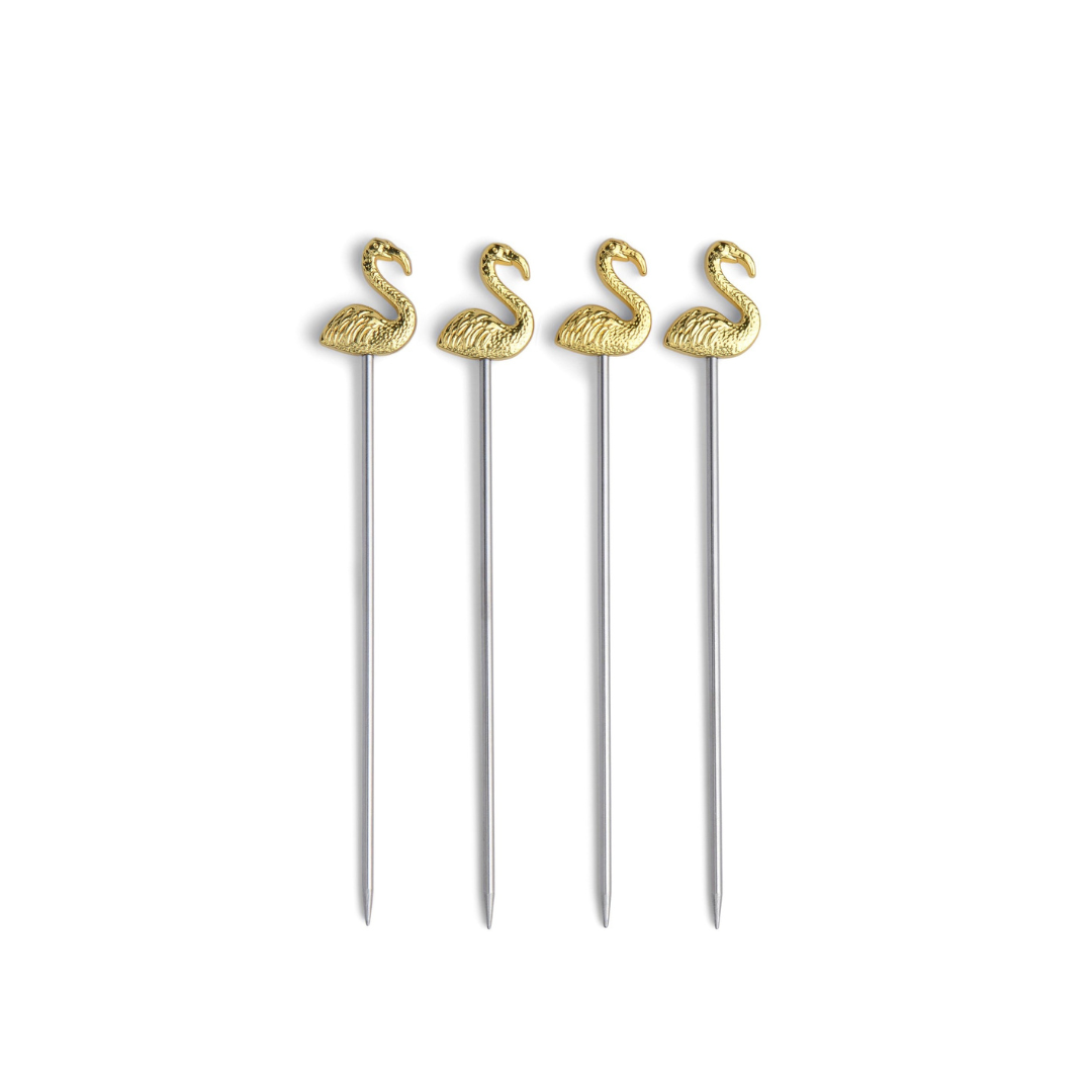 Set of 4 Lily Flamingo Cocktail Picks on white background – tropical reusable bar accessories