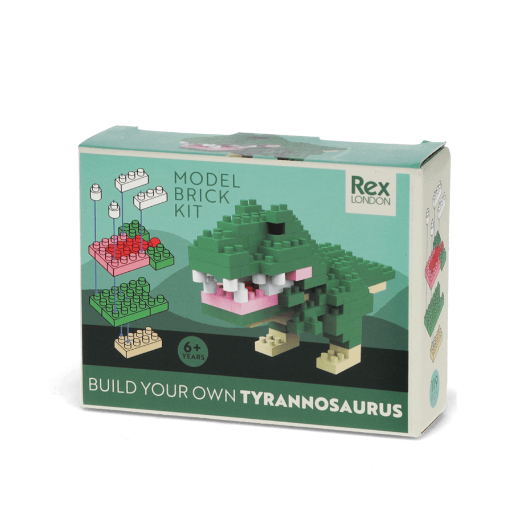 Model brick kit packaging for building a tyrannosaurus rex with Rex London branding.