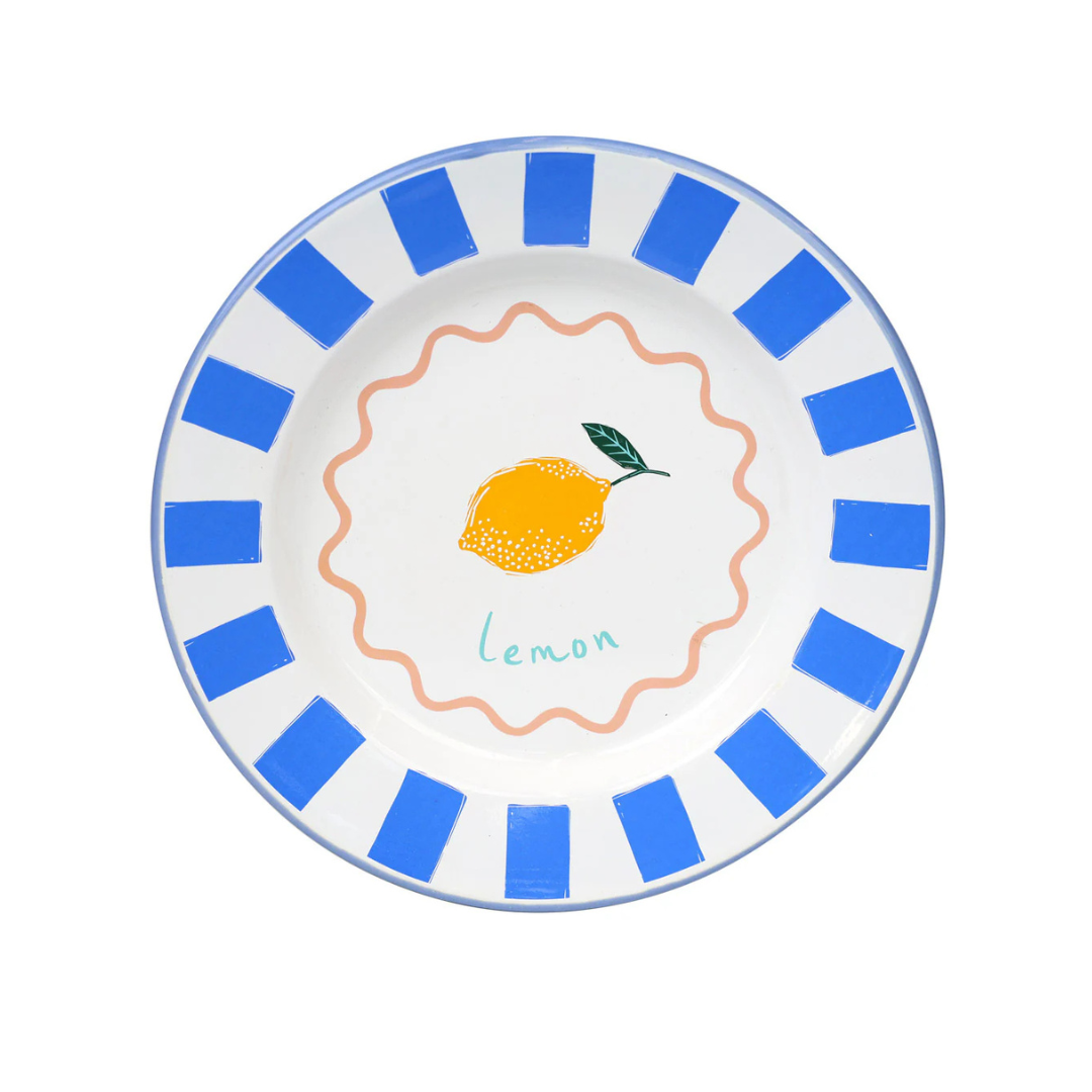 Lemon-themed enamel plate with blue stripes, pink wavy circle, and blue trim – 25cm, handcrafted and dishwasher safe