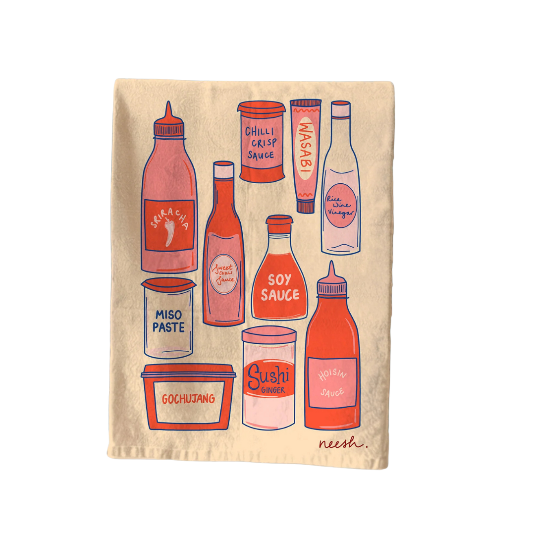 Saucy Tea Towel – Asian Sauce and Condiment illustrations, 100% Cotton Kitchen Gift