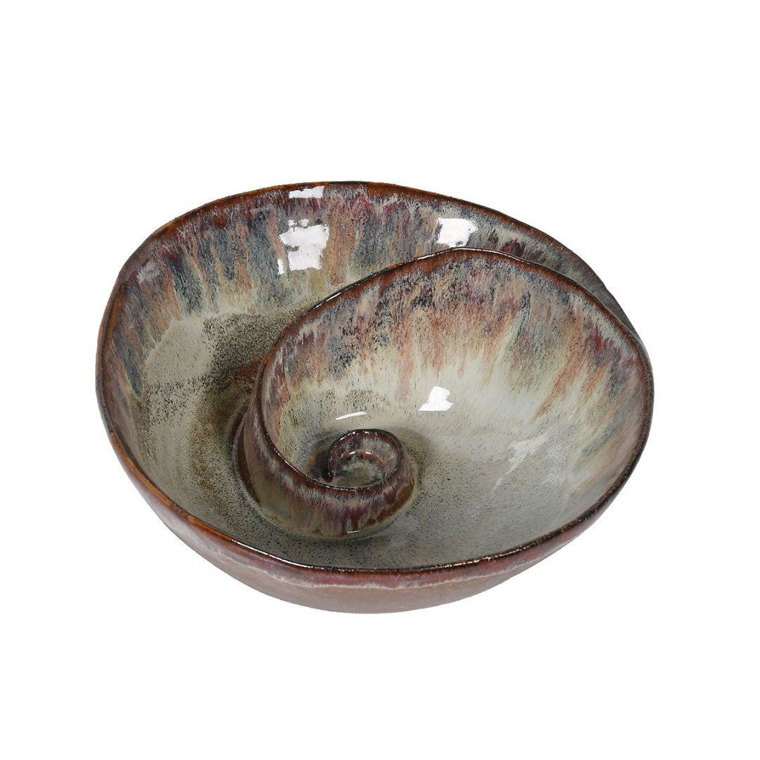 Brown stoneware shell bowl on a white background – decorative and serving bowl, food safe and microwave safe.