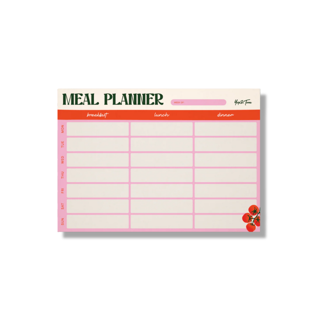 Eco-Friendly Weekly Meal Planner brekfast, lunch and dinner,
with tomato design on White Background