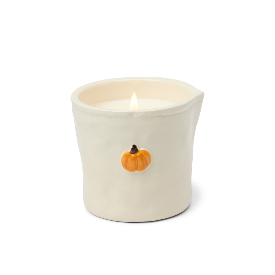 Pumpkin Embossed Ceramic Candle 8oz on white background – cozy autumn fragrance in reusable hand-painted ceramic vessel