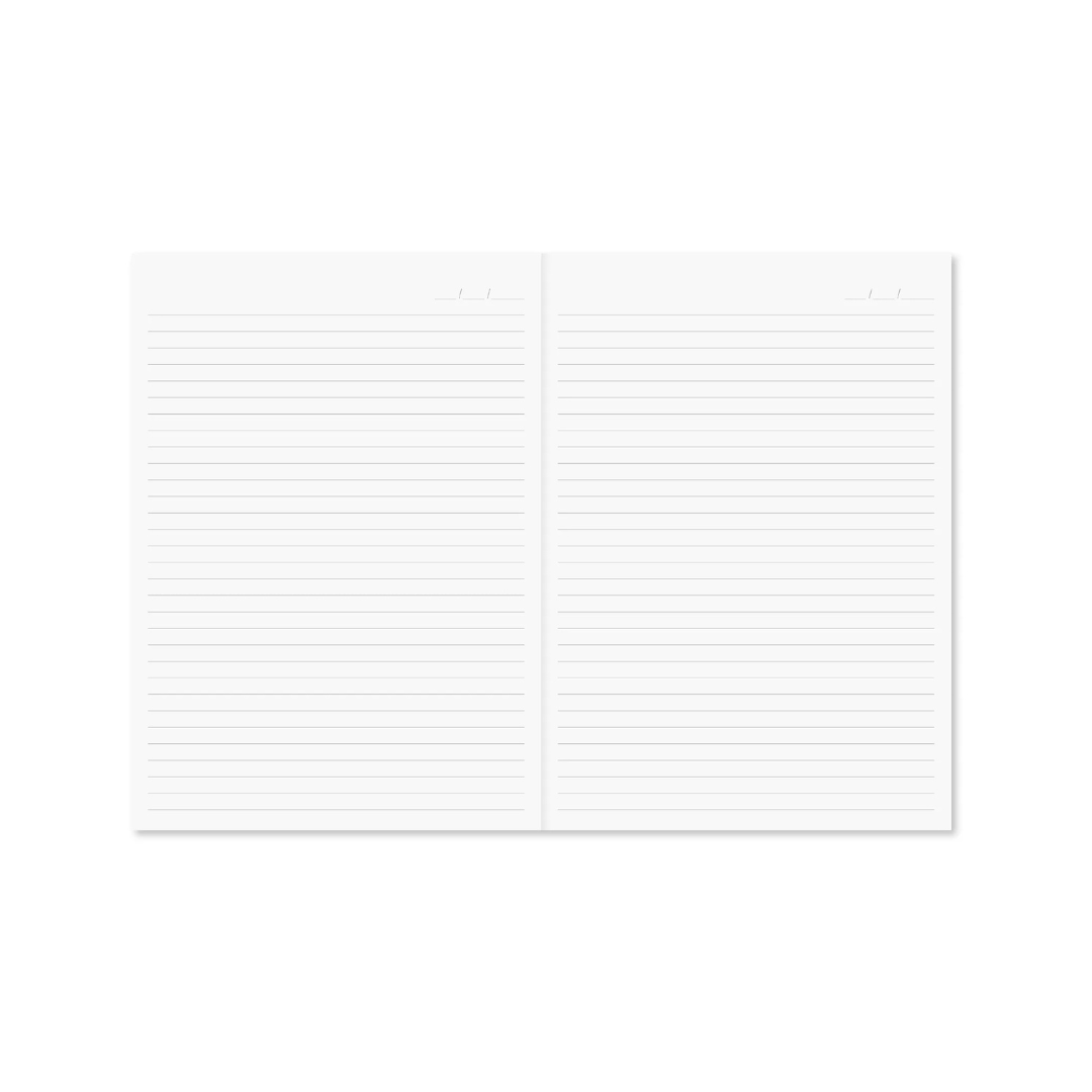 Open Reverie A5 Notebook Notes & Ideas on white background showing blank lined pages for journaling, note-taking, and sketching with layflat binding