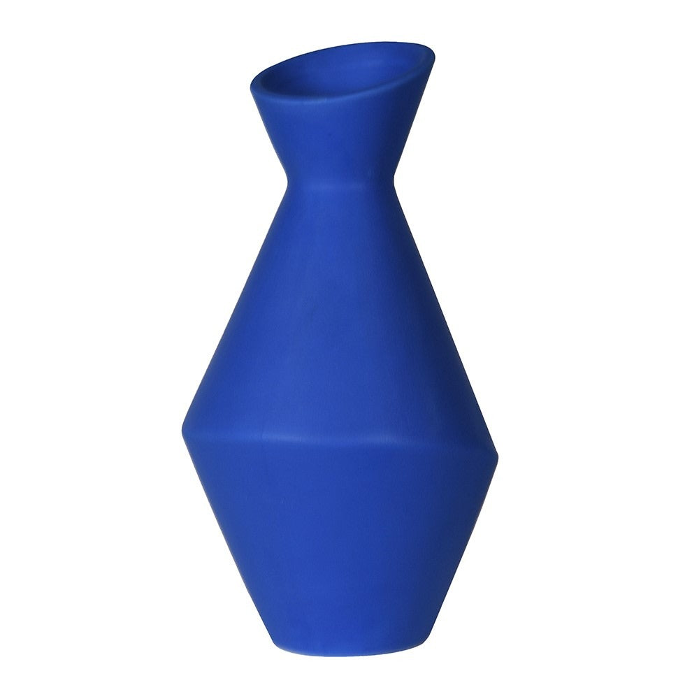 Bold blue angular ceramic vase with geometric design, inspired by Yves, 27 cm tall with 14 cm diameter – modern statement décor piece.