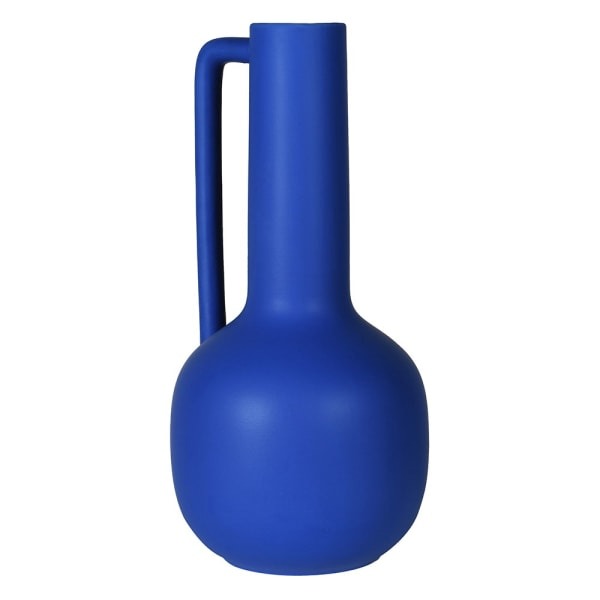 Yves Blue Vase With Handle – tall matte ceramic vase with cylindrical neck, rounded base, and side handle, 32 x 15 cm.