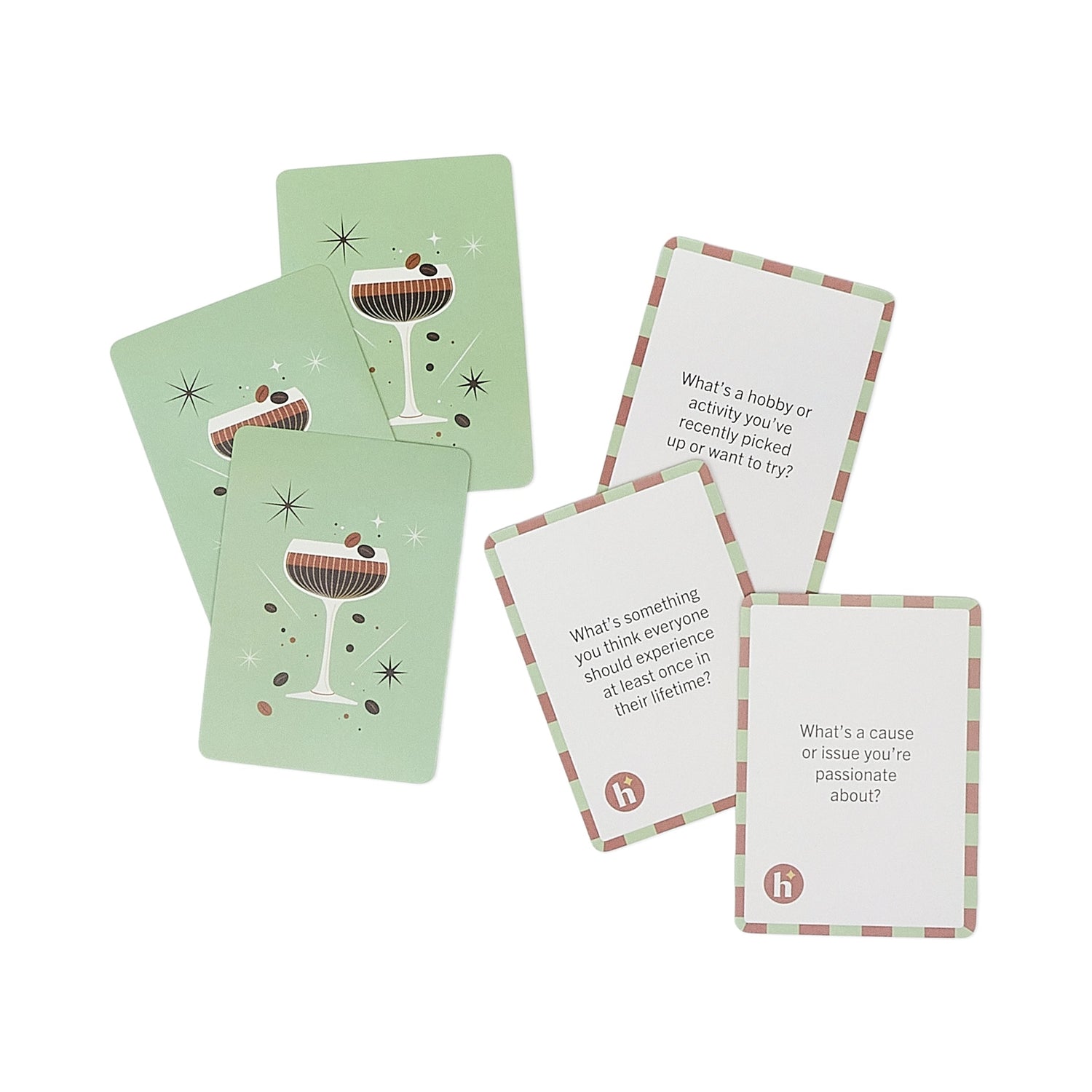 Set of question cards with cocktail graphics on a white background