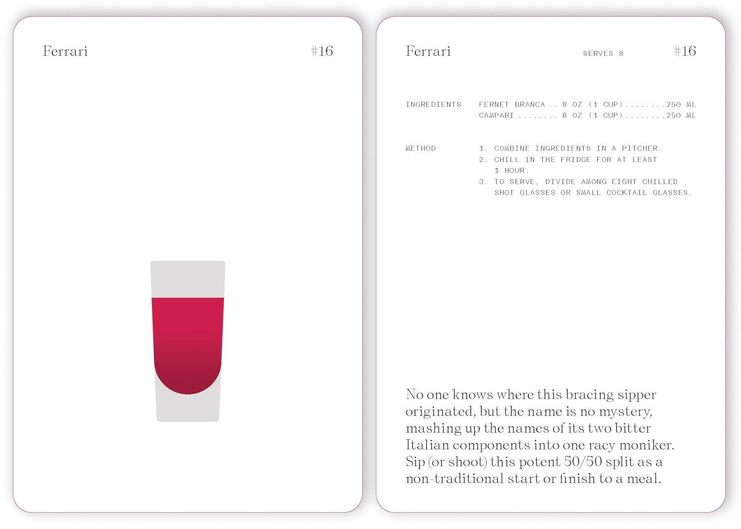 Ferrari cocktail recipe card showing ingredients and instructions