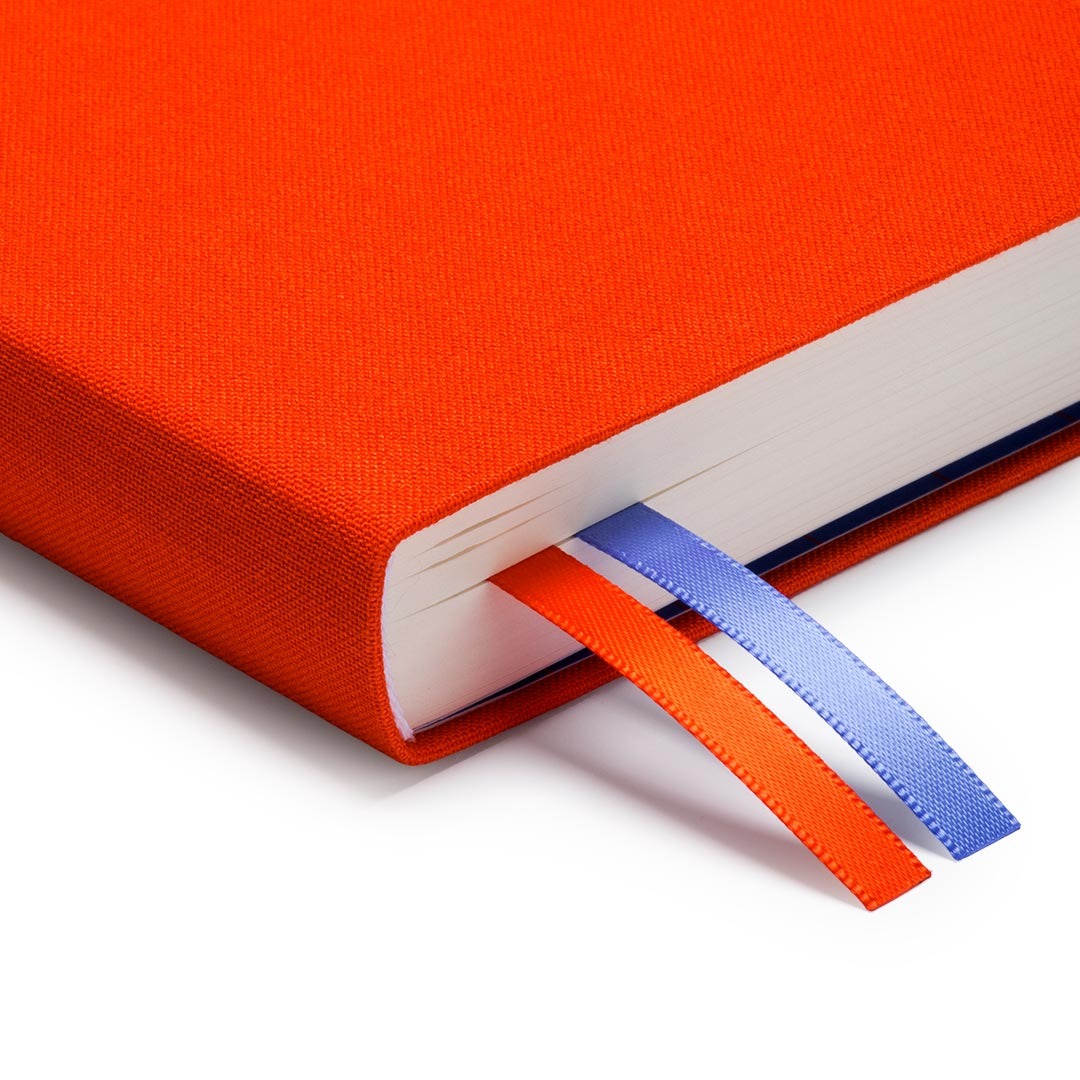 Fabric Daily Planner B6 in Orange – two ribbon markers and fabric cover detail