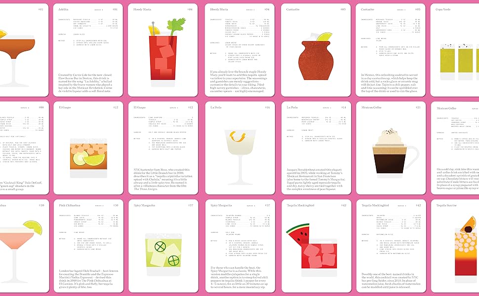 Set of recipe cards with cocktail illustrations on a pink background
