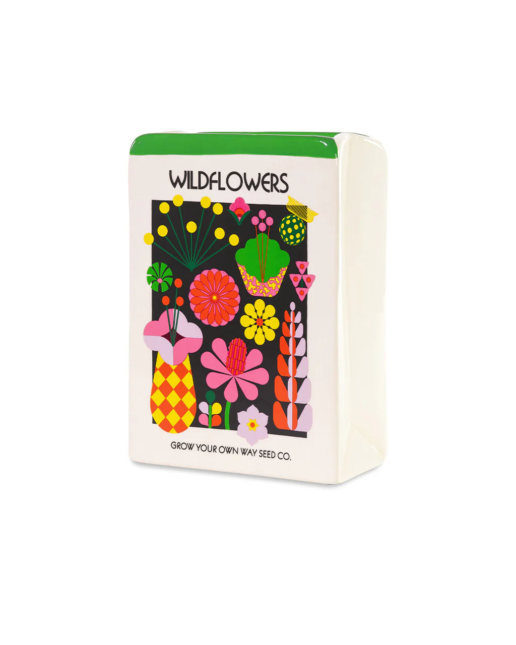 Side view of ceramic vase shaped like a wildflower seed packet, 18.4 x 6.4 x 12.7 cm – ideal for plants, flowers, or home décor.