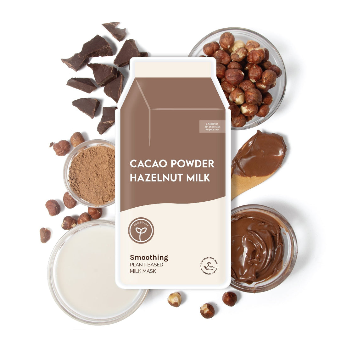 Hydrating and nourishing sheet mask with cacao and hazelnut extracts