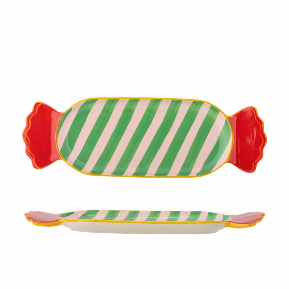 Front and side view of the Striped green Caramella-shaped serving plate on a white background