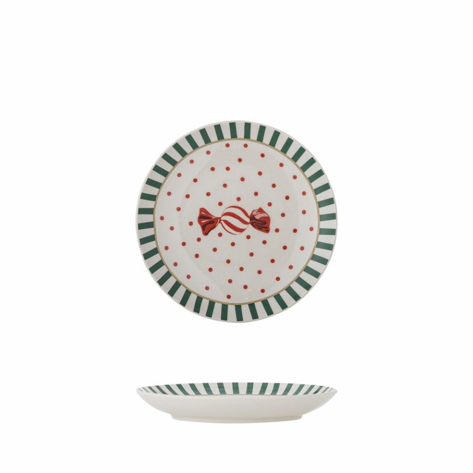 front and side view of the green striped Caramella-shaped plate with red caramel motif on a white background, hand-painted and perfect for serving desserts or small meals
