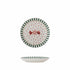 front and side view of the green striped Caramella-shaped plate with red caramel motif on a white background, hand-painted and perfect for serving desserts or small meals