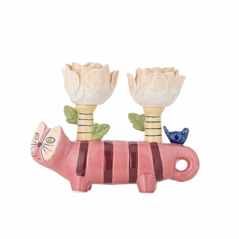 Side View of the Missy Candle Holder in rose stoneware with hand-painted cat design, pink, yellow and blue colors, featuring two flower-shaped candle holders, unique home décor