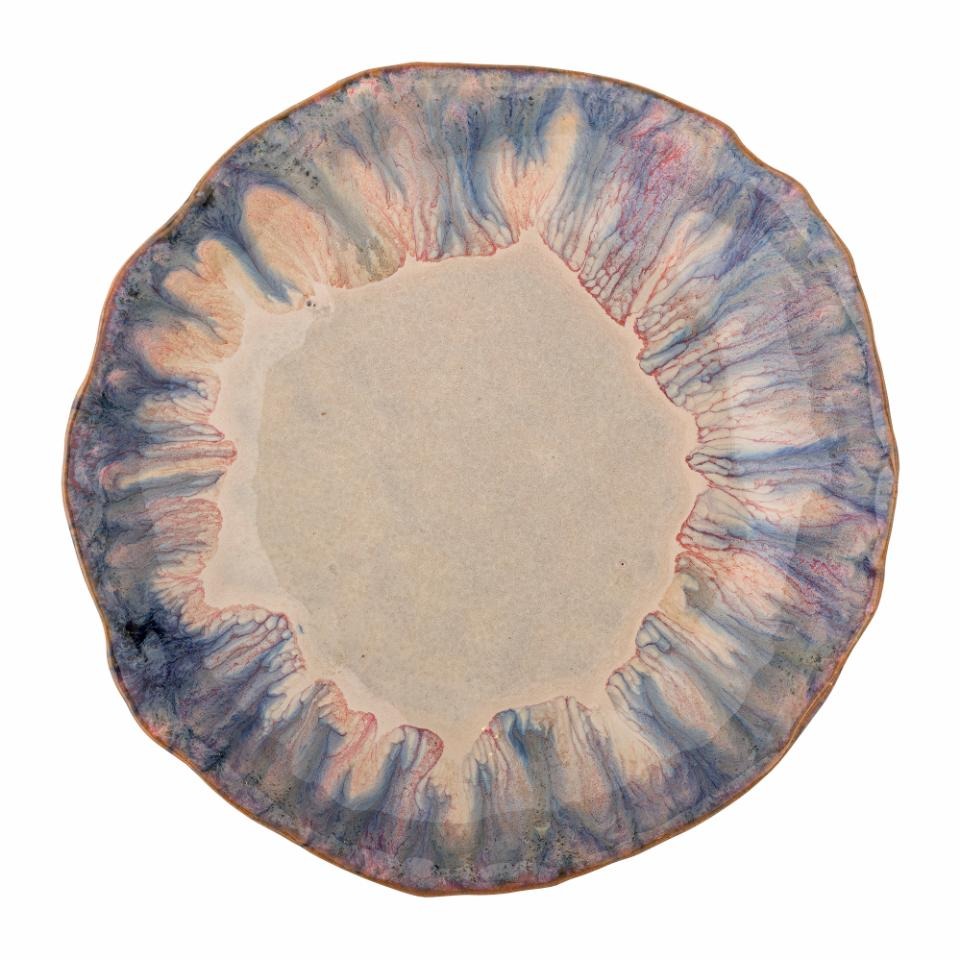 Top view of Amalia stoneware bowl with beige base and blue‑purple watercolor glaze rim, on a white background.