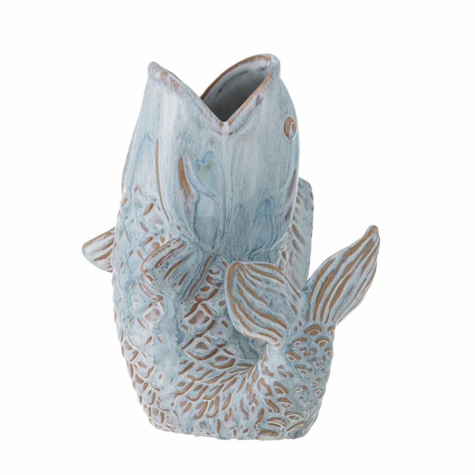 Side view of the Hiro Fish-Shaped Vase in light blue stoneware, decorative vase with coastal-inspired ombre finish, perfect for flowers or as a standalone accent piece.