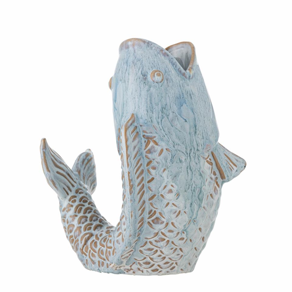 Side view of the Hiro Fish-Shaped Vase in light blue stoneware, decorative vase with coastal-inspired ombre finish, perfect for flowers or as a standalone accent piece.