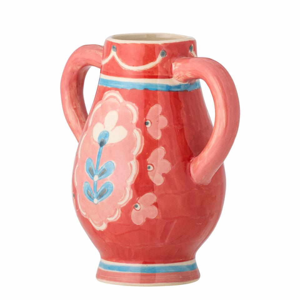 Prodile View of the Red ceramic vase with dual handles and hand-painted floral design in blue, pink, and white – Odina Decorative Vase