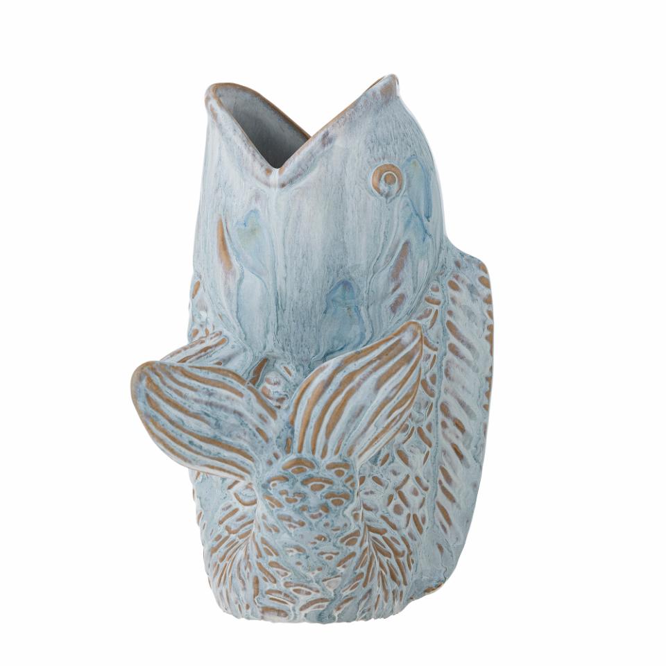 Front view of the Hiro Fish-Shaped Vase in light blue stoneware, decorative vase with coastal-inspired ombre finish, perfect for flowers or as a standalone accent piece.