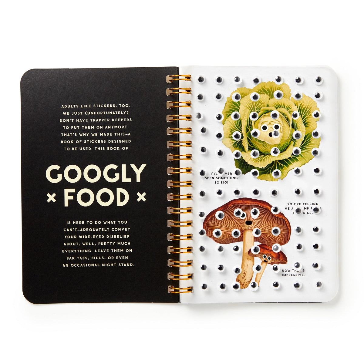 Open notebook with black cover and white stickers featuring food-themed designs on a white background