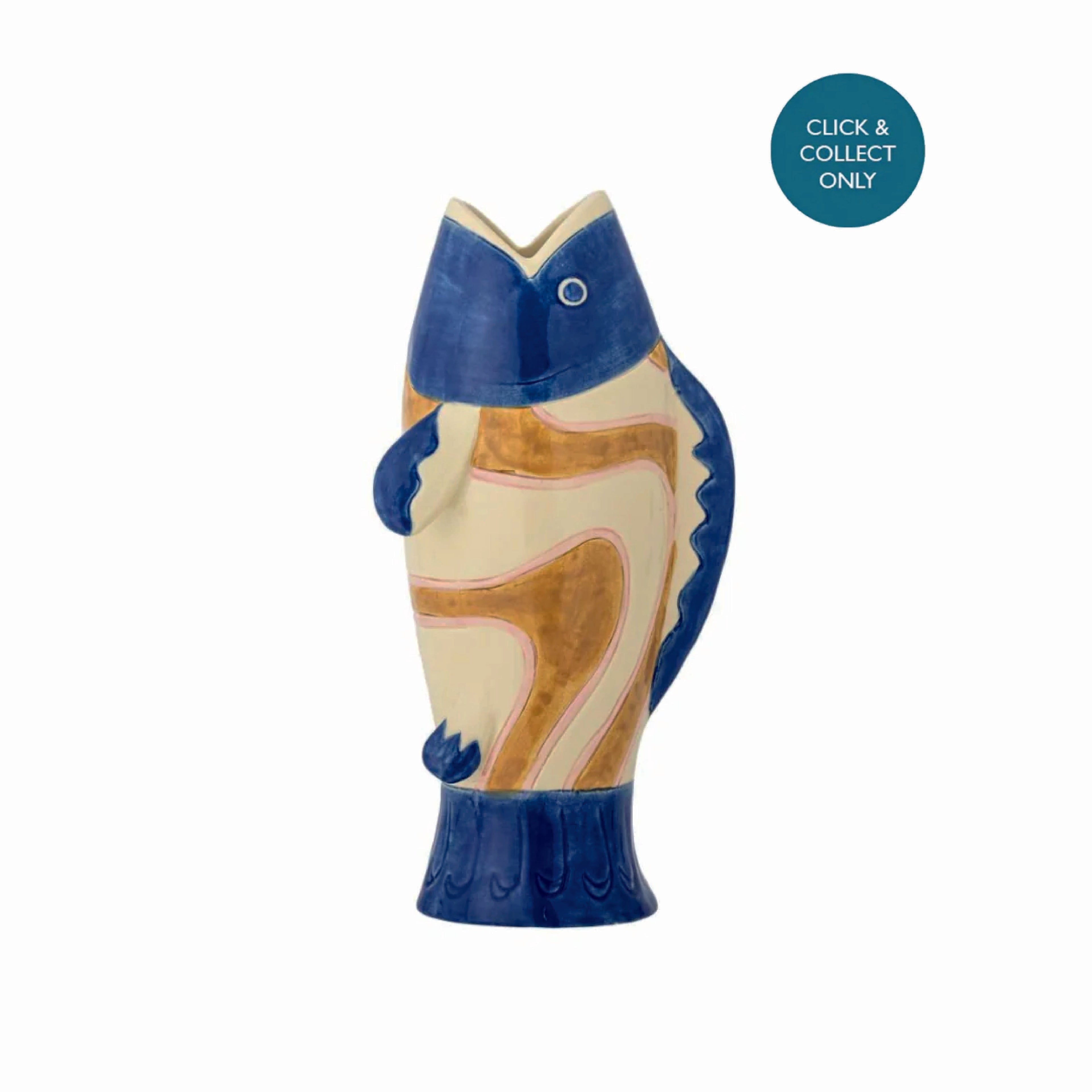 Hand-painted blue fish-shaped stoneware vase with golden accents, decorative coastal home décor jug for fresh or dried flowers.