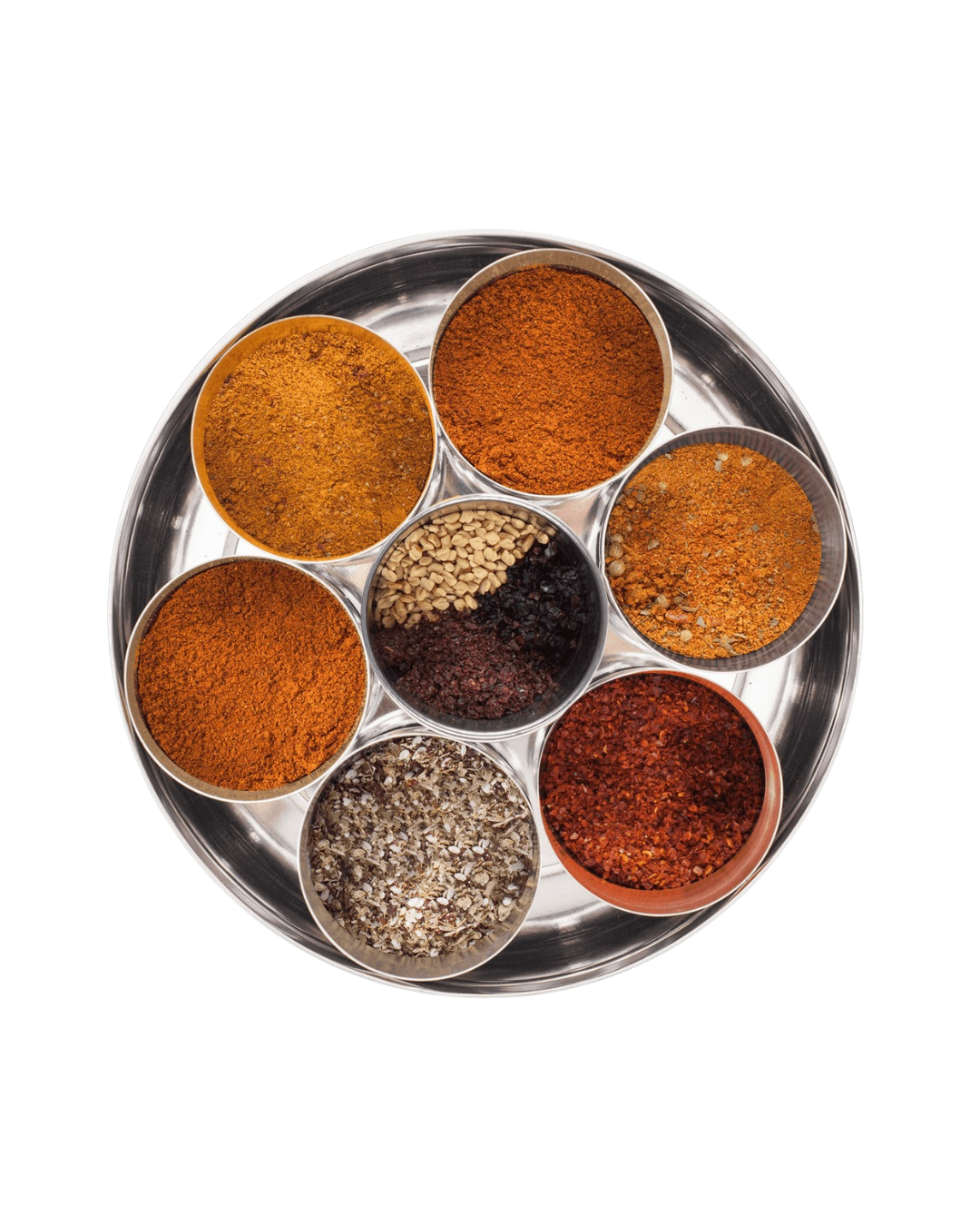 Seven Middle Eastern spices from the spice tin: Aleppo Pepper, Baharat, Harissa, Shawarma, Sumac, Urfa Chilli, Za’atar