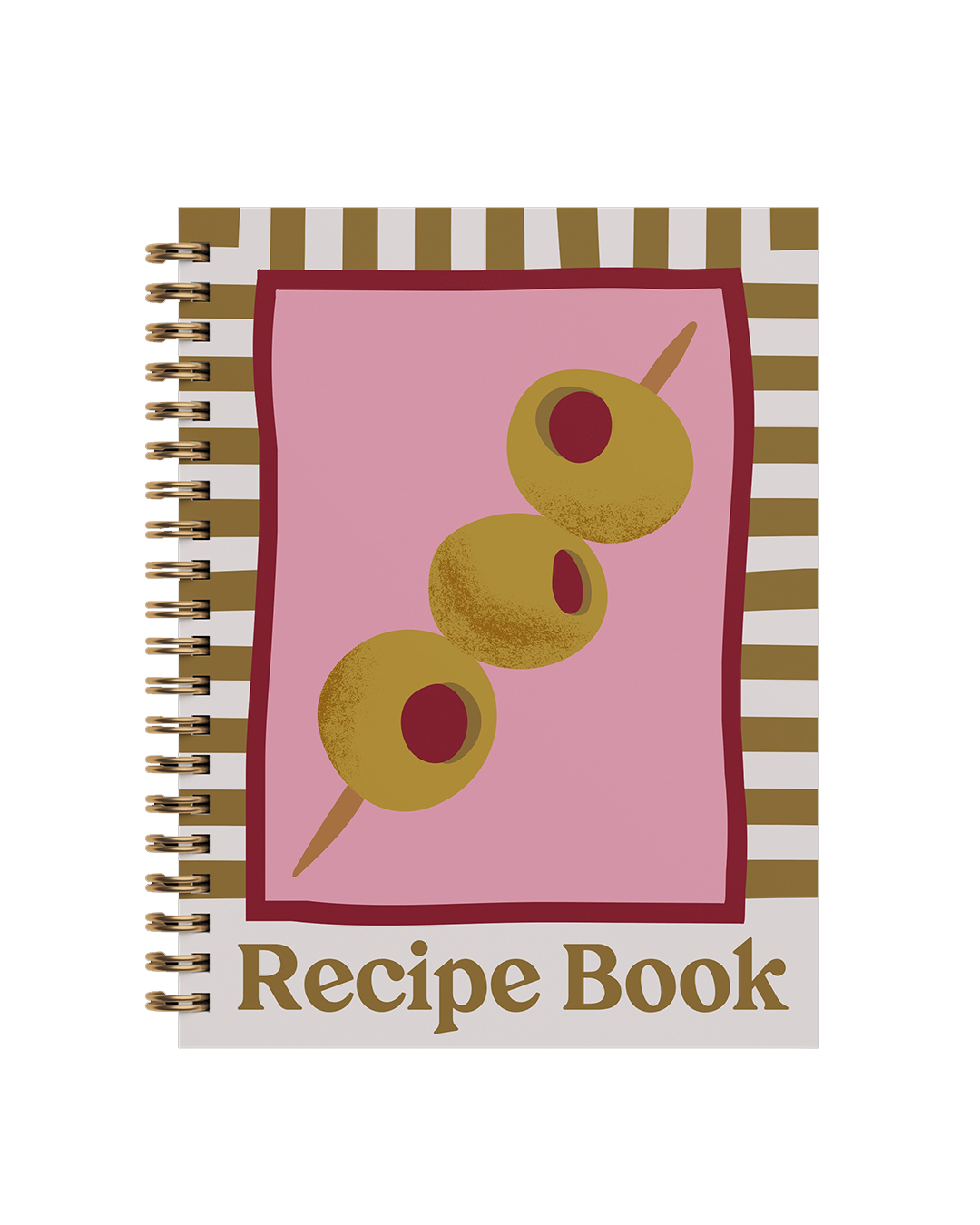 Recipe book with olive design on a pink background and olive stripes