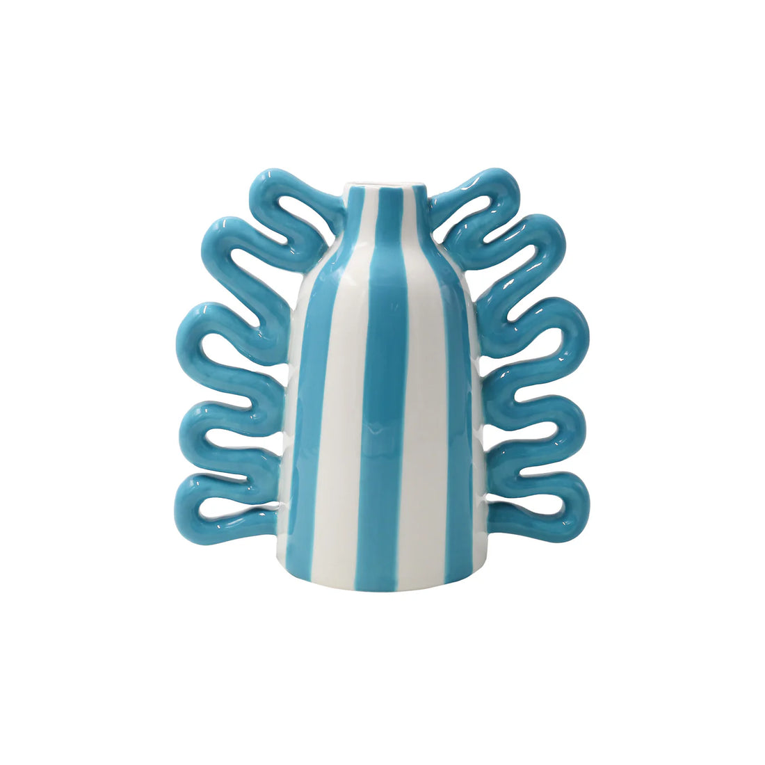 Vase Nicolas Rayas Bailarinas – ceramic vase with blue and white vertical stripes and sculptural squiggle handles