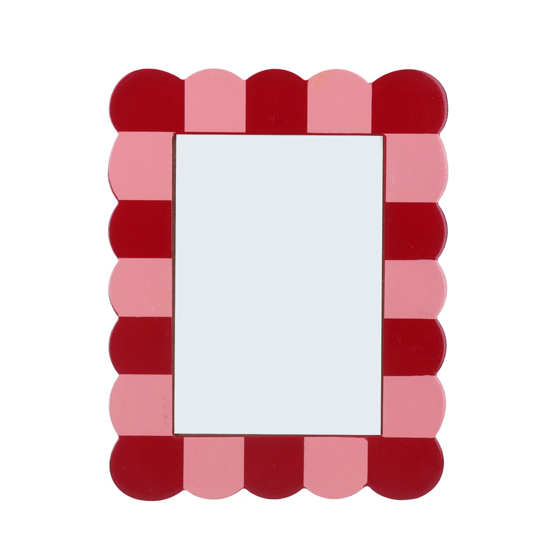 Red and pink striped wooden photframe front view displaying a 5x7 photo, perfect for colorful home or office décor